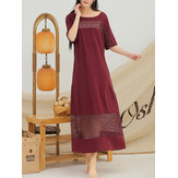 S-5XL Women Hollow Out Dress Pure Color Cotton Line Maxi Dress