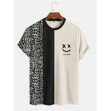 Camisetas de malha de manga curta com estampa de rosto engraçado e patchwork geométrico para homens