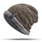 Mens Plus Velvet Knitted Stripe Beanie Hats Outdoor Winter Warm Skullcap Beanie