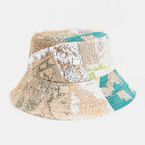 Unisex Cotton World Map Pattern Outdoor Casual Sunshade Hat Bucket Hat Send Windproof Rope
