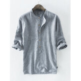 Mens 100% Cotton Button Striped Half Sleeve Breathable Casual Henley Shirts