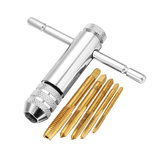Drillpro T Handle Ratchet Tap Wrench with 5pcs Titanium Coated M3-M8 Screw Tap Thread Plug Tap