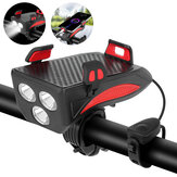 4-in-1 400LMバイクライト+ USBホーンランプ+電話ホールド+パワーバンク、3モードLEDヘッドライト5モードホーン防水サイクリング自転車