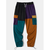Men Patchwork Color Block Side Pockets Drawstring Street Pants