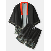 Original 
            Mens Ukiyoe Wave Pattern Open Front Kimono Two Pieces Outfits