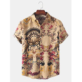 Chemise vintage à manches courtes avec imprimé floral dans le style national pour homme