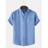 Mens 100% Cotton Breathable Solid Color Casual Short Sleeve Shirts With Pocket