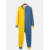 Herren Kontrastfarbe Patchwork Button Up Rundhals Jumpsuit Home Comfy Lounge Einteiliger Pyjama
