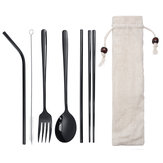 Portable 304 Stainless Steel Drinking Straw Spoon Reusable Straws Fork Chopsticks Brush Combination Set
