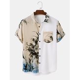 Mens Ink Bamboo Print Patchwork Button Up Short Sleeve Shirts