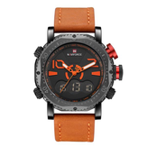 NAVIFORCE NF9094 homens moda relógio digital pulseira de couro duplo display esporte relógio