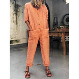 Solid Color Button Pocket Casual Jumpsuits