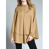 Blusa con manga larga, cuello de solapa y botones, con dobladillo irregular, para mujeres