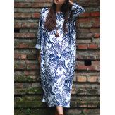Ретро Женское Свободные платья макси с длинными рукавами и цветочным принтом с карманами