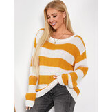 Contrast Color Long Sleeve Crew Neck Loose Knit Sweater
