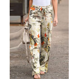 Женские брюки высокой посадки со вставкой цветочного принта, поясом на резинке и боковыми карманами винтажного стиля