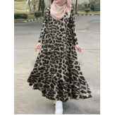 Women Leopard Printed Ruffles Hem Daily Casual Loose Kaftan Long Sleeve Robe Maxi Dress