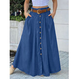 ポケット付きの女性用ソリッドカラーボトムフロントルーズカジュアルロングスカート