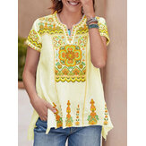 Women Ethnic Print Short Sleeve V-Neck Slit Hem Bohemian T-Shirts