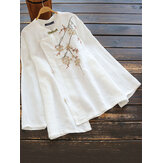 Kadın için Vintage Çiçek Nakış Kurbağa Uzun Kollu Düzensiz Etnik Stil Bluz