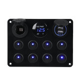 Panel przełączników 8 Gang 12V 11x15cm do przyczepy kempingowej, jachtu z niebieskimi diodami LED, podwójnym portem USB i wyświetlaczem