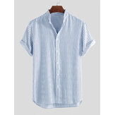 Men Stripe Cotton Short Sleeve Round Hem Casual Shirts