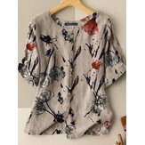 Рубашка со свободным покроем с короткими рукавами и принтом цветов, застегивается на пуговицы спереди, с круглым вырезом