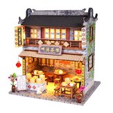 منزل دمى خشبي يحتوي على أثاث ومجسم بناء لمتجر الشاي الصيني بالمصابيح الصغيرة لعبة الألغاز هدية للمناسبات