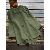 Blusa feminina de algodão cor sólida bainha alta-baixa manga 3/4 com botão casual
