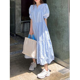 Pleated Tiered V-Neck Half Puff Sleeve Solid Color Casual Maxi Dresses For Women