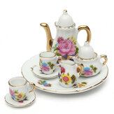 Set di 8 tè vintage in porcellana, teiera, tazze floreali retrò, decorazione per casa delle bambole, giocattolo
