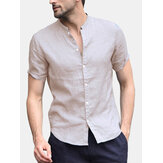 Camisa masculina de linho de manga curta, solta, casual, sem colarinho, para a praia, blusa