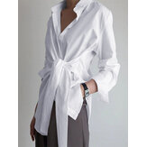 Solid Color Wrap Lapel Long Sleeve Casual Shirts For Women