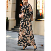 Γυναικεία Λουλούδια Εκτύπωση Ruffle Μανσέτες Lace-Up Stand Collar Casual Maxi Muslim Dress Abaya Kaftan