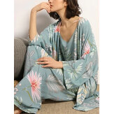 Women Leaves Print Sling Wide Leg Pants Home Cozy Pajamas With Open Front Robe