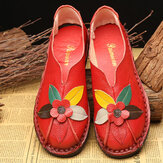 SOCOFY Retro Genuine Leather Soft Sole Casual Flower Flat Loafers