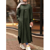 Women Solid Color O-neck Long Sleeves Splited Robe Kaftan Casual Maxi Dress With Pocket