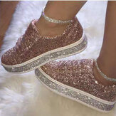 Women Glitter Sequined Fashion Lace Up Party Casual Platform Shoes Flats