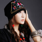 Women Vintage Beanie Caps Ethnic Embroidery Flowers Slouch Skullcap Cotton Breathable Hat 