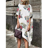 S-5XL Women Loose Floral Print Half Sleeve Irregular Hem Dress