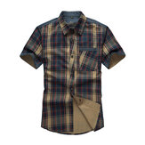 Camisas de manga corta de bolsillo de algodón de tela escocesa de verano para hombres