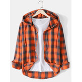 Mens Check Button Up Cotton Casual Long Sleeve Drawstring Hooded Shirts