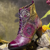 Original 
            Socofy Genuine Leather Floral Pattern Retro Mid-calf Boots
