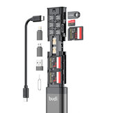 Leitor de cartão SD multifuncional BUDI 9 em 1 com cabo e adaptador USB 3.0 Tipo-C para telefone e câmera externa e adaptador para computador com sincronização OTG de carregamento e transferência de memória de alta velocidade de 5 Gbps