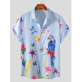 Kurzärmelige Freizeithemden mit Revers und Knöpfen, atmungsaktiv, mit Männern, Vögeln und Blumen