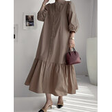 Women Solid Color Button Down Front 3/4 Sleeve Maxi Dresses