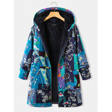 Винтажное толстое флисовое пальто с цветочным принтом Plus размера с капюшоном и карманами