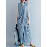 Women Sleeveless V Neck Solid Color Maxi Dress
