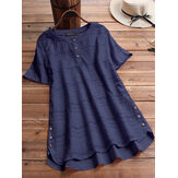 Γυναικεία μπλούζα με κουμπιά με υψηλό και χαμηλό τελείωμα σε απόλυτο χρώμα