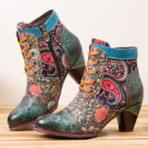 Original 
            Socofy Retro Paisley Pattern Leather Patchwork Lace-up Design Side Zipper Comfy Low Heel Short Ankle Boots